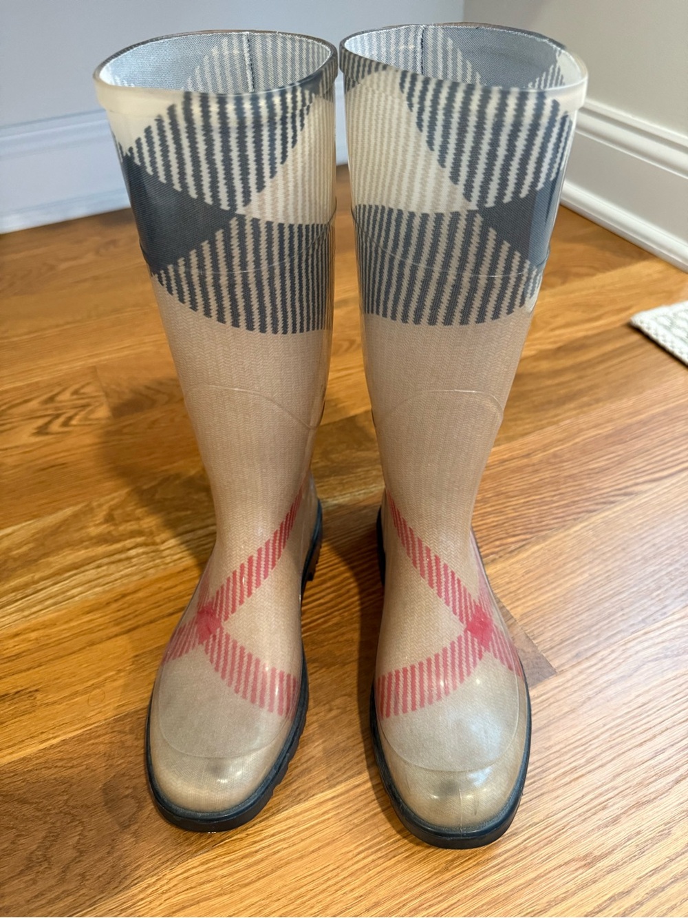Burberry Classic Check Mid Calf Rain Boots - Beige/Red/Black, Size 38 - Picture 2 of 6